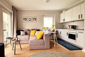 Kombinierter Wohn-/Schlafraum mit Küche und Sofa